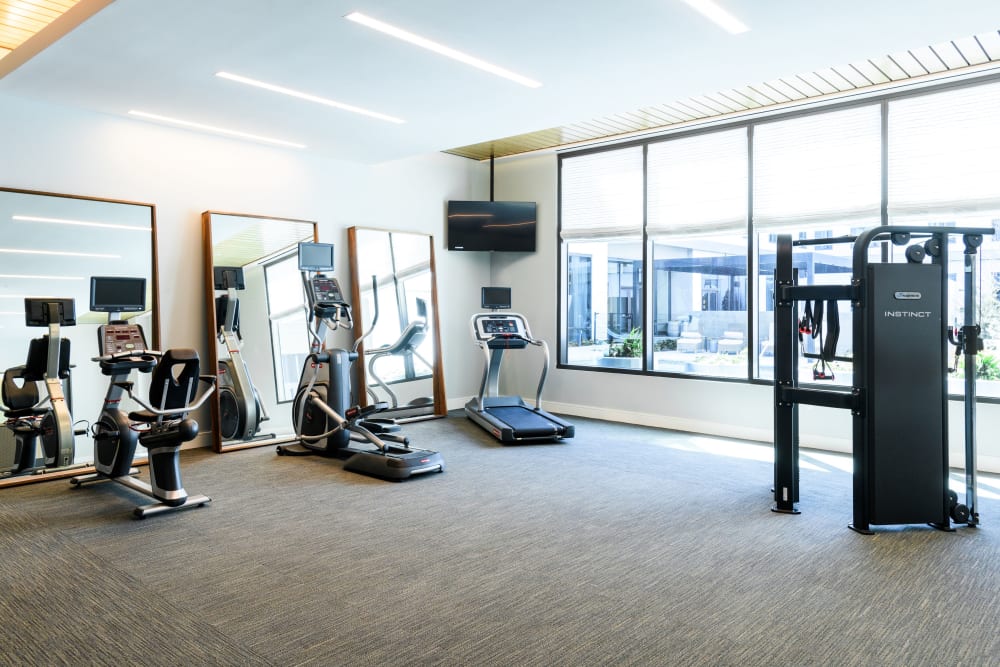 Fitness center with cardio equipment at Clearwater at The Heights in Houston, Texas