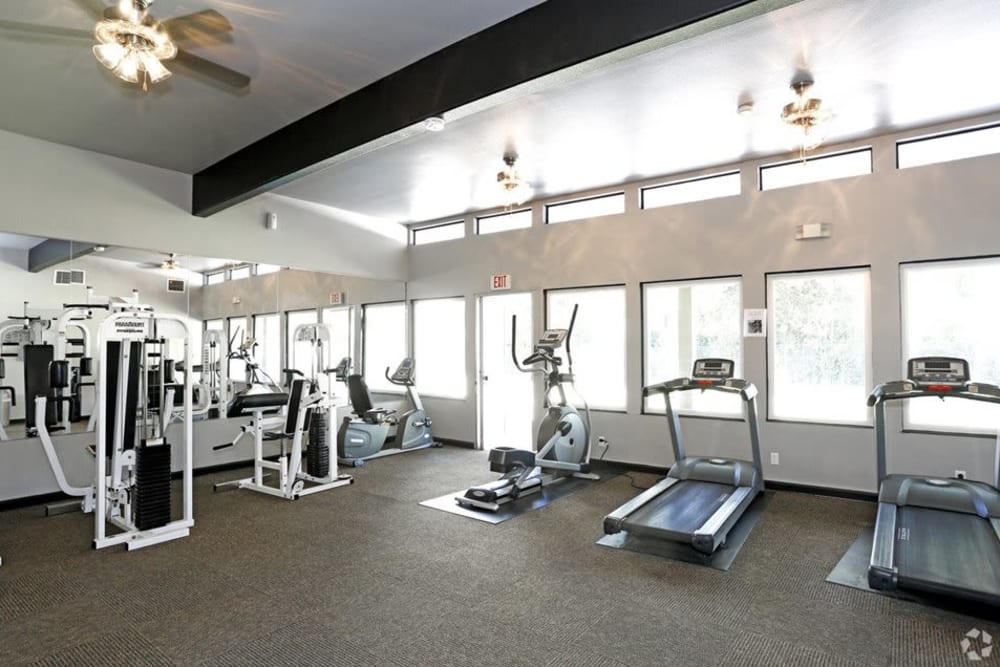 Modern gym fitness room with large windows and treadmills at Las Ventanas in Pleasanton, California