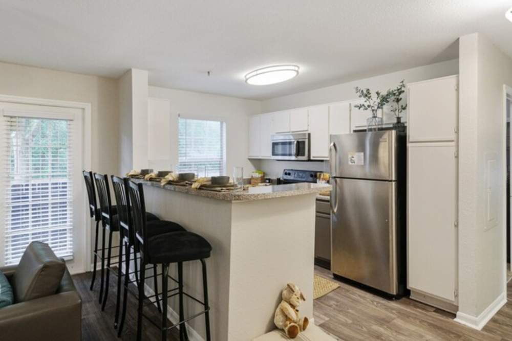 Apartment kitchen with stainless steel appliances at Acasă Bainbridge in Tallahassee, Florida