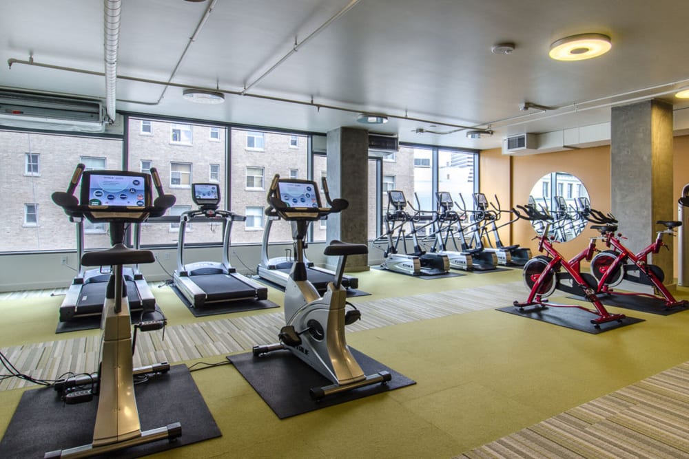 Fitness center with cardio equipment at Viktoria in Seattle, Washington