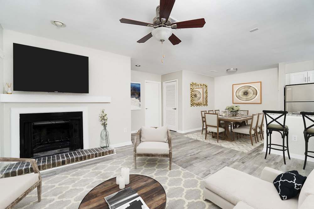 Model apartment living room at Acasă Orchard Park Apartments in Greenville, South Carolina
