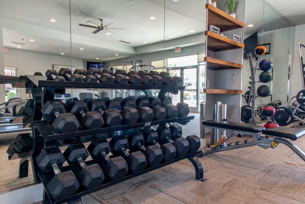 A rack of weights in the fitness center at The Highland Club in Baton Rouge, Louisiana