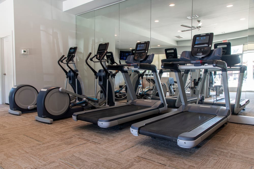 A row of treadmills and ellipticals in the fitness center at The Highland Club in Baton Rouge, Louisiana