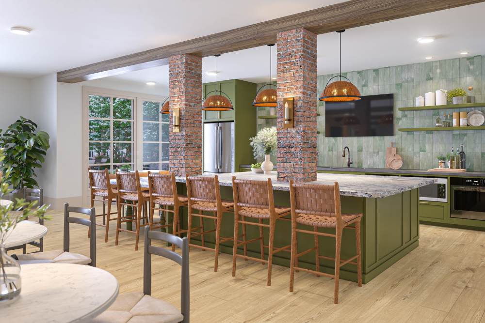 Clubhouse kitchen and counter with seating at Lake Forest at Swift Creek in Midlothian, Virginia