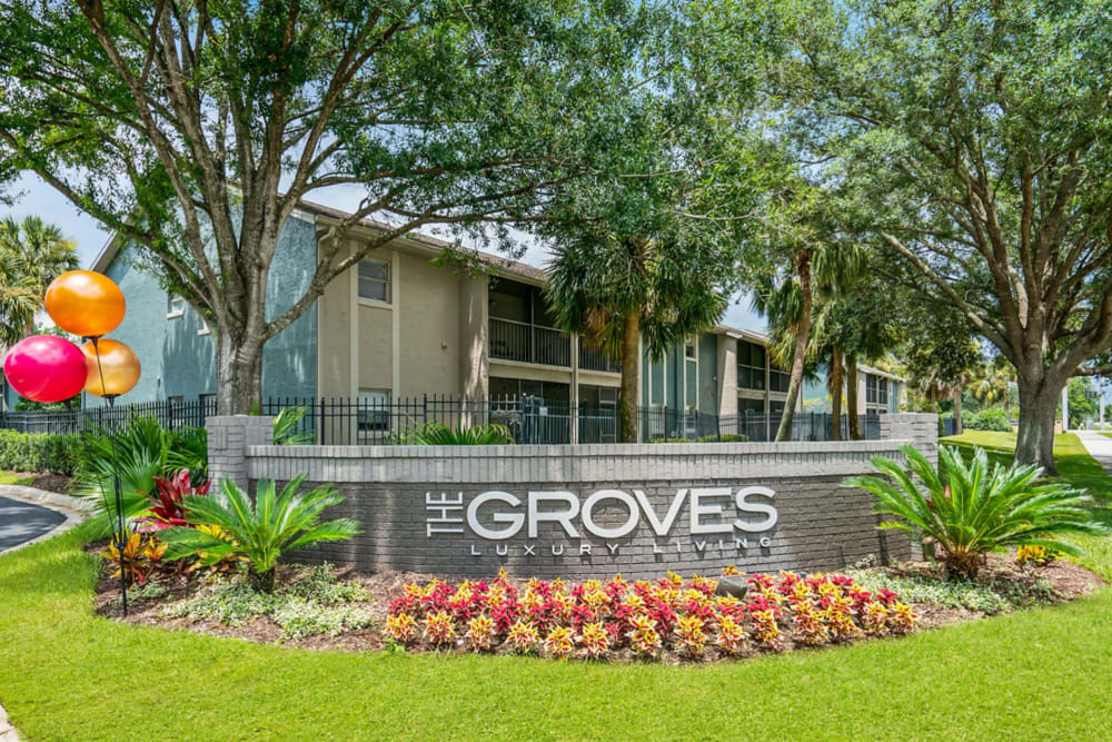 Entrance sign at The Groves in Port Orange, Florida