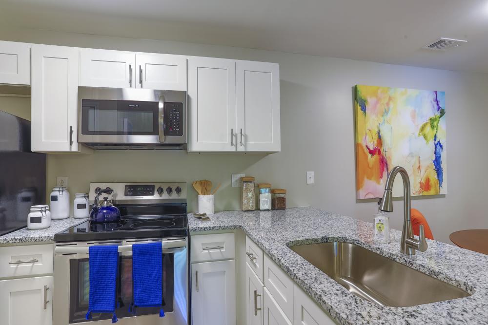 Model apartment kitchen with a basin sink and stainless steel finishes at Acasă Willowbrook Apartments in Simpsonville, South Carolina