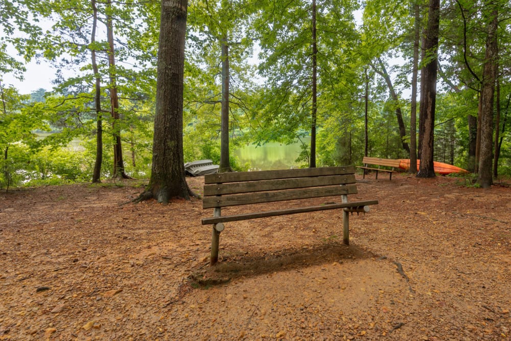 Park bench seating at Sailboat Bay in Raleigh, North Carolina