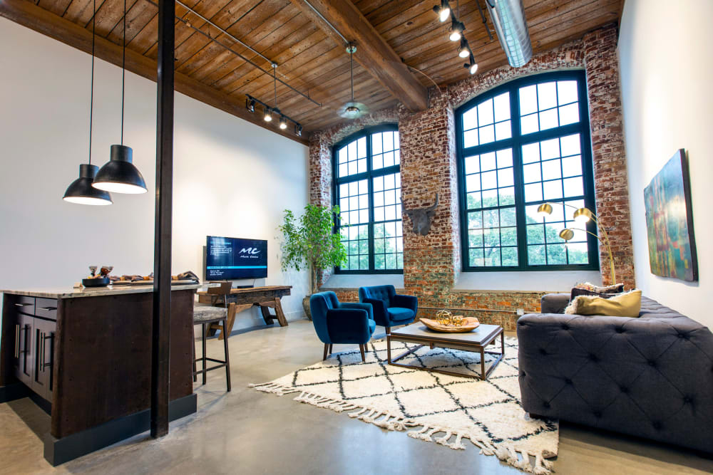 Modern living room in a model home at West Village Lofts at Brandon Mill in Greenville, South Carolina