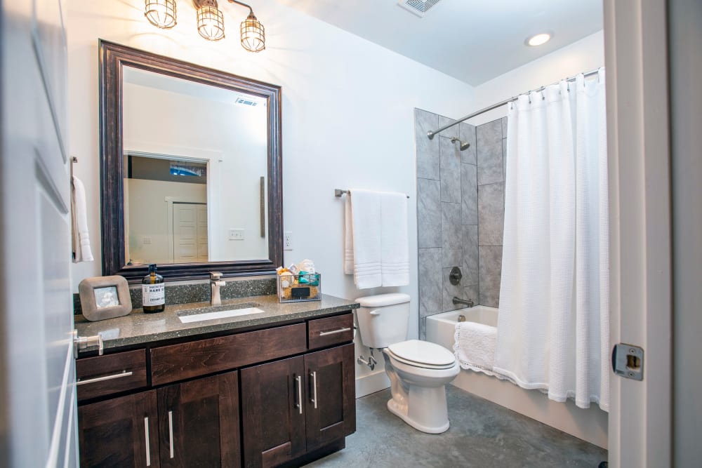 Luxurious bathroom amenities in a model home at West Village Lofts at Brandon Mill in Greenville, South Carolina