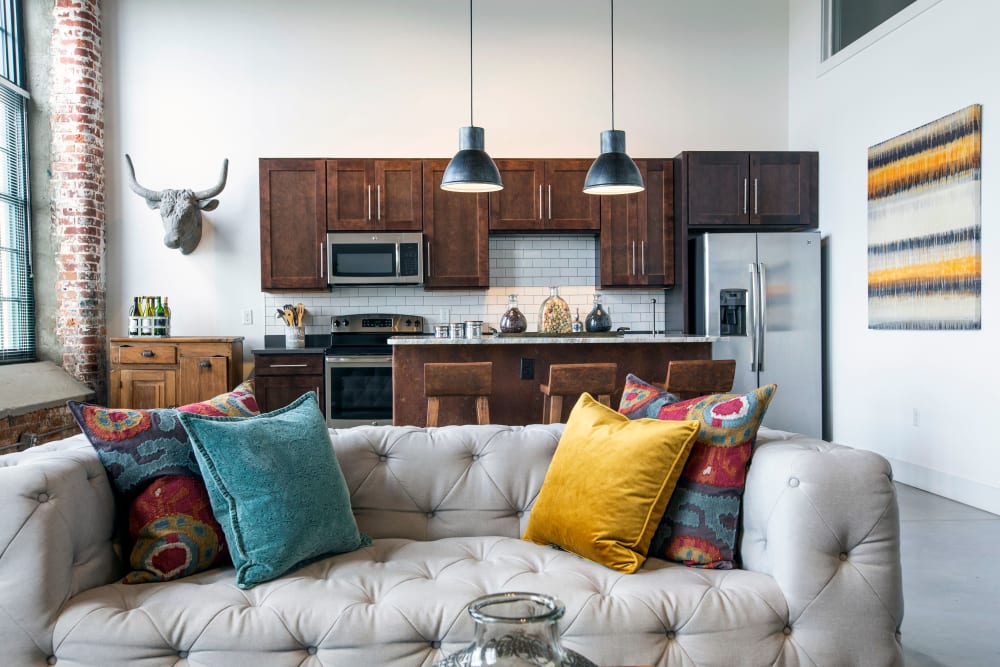 Cozy living spaces in a model home at West Village Lofts at Brandon Mill in Greenville, South Carolina