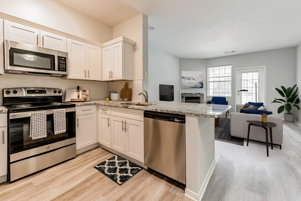 Enjoy our Cozy Apartments Kitchenand Living Area at Eagle Rock Apartments at Fishkill