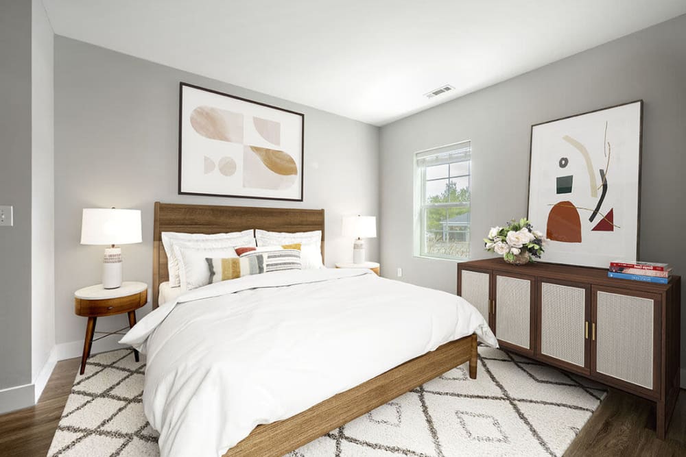 Modern bedrooms at Lux at Stoughton in Stoughton, Massachusetts
