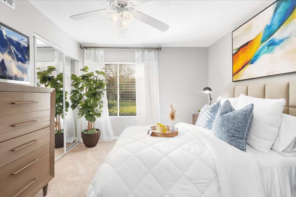 Bright bedroom at Mirabella Apartments in Bermuda Dunes, California