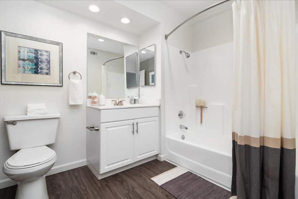 Fresh bathroom in model home at Mirabella Apartments in Bermuda Dunes, California