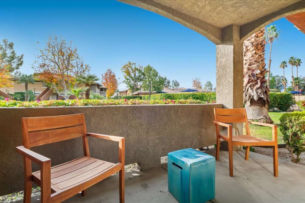 Lovely patio in model home at Mirabella Apartments in Bermuda Dunes, California