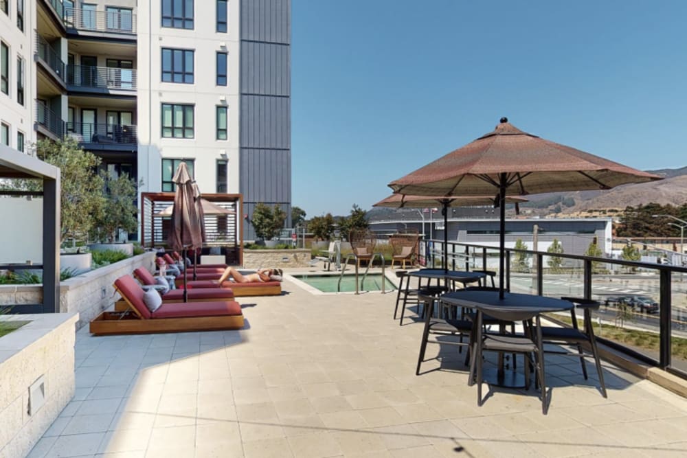 Lounge next to pool at Nine 88 in South San Francisco, California