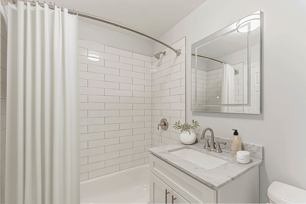 Toilet and bath at Eagle Rock Apartments at Mineola in Mineola, New York