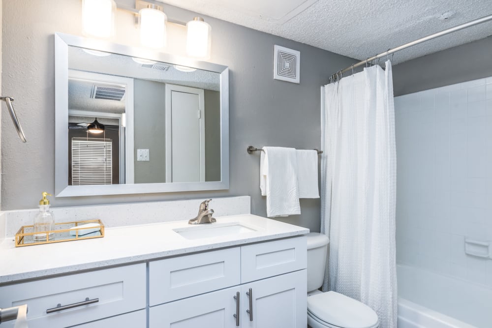 Renovated bathroom with modern touches at Sagamore Apartment Homes in Benbrook, Texas