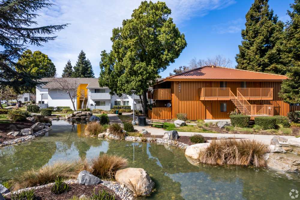 Exterior with pond at Lakeside Village in San Leandro, California