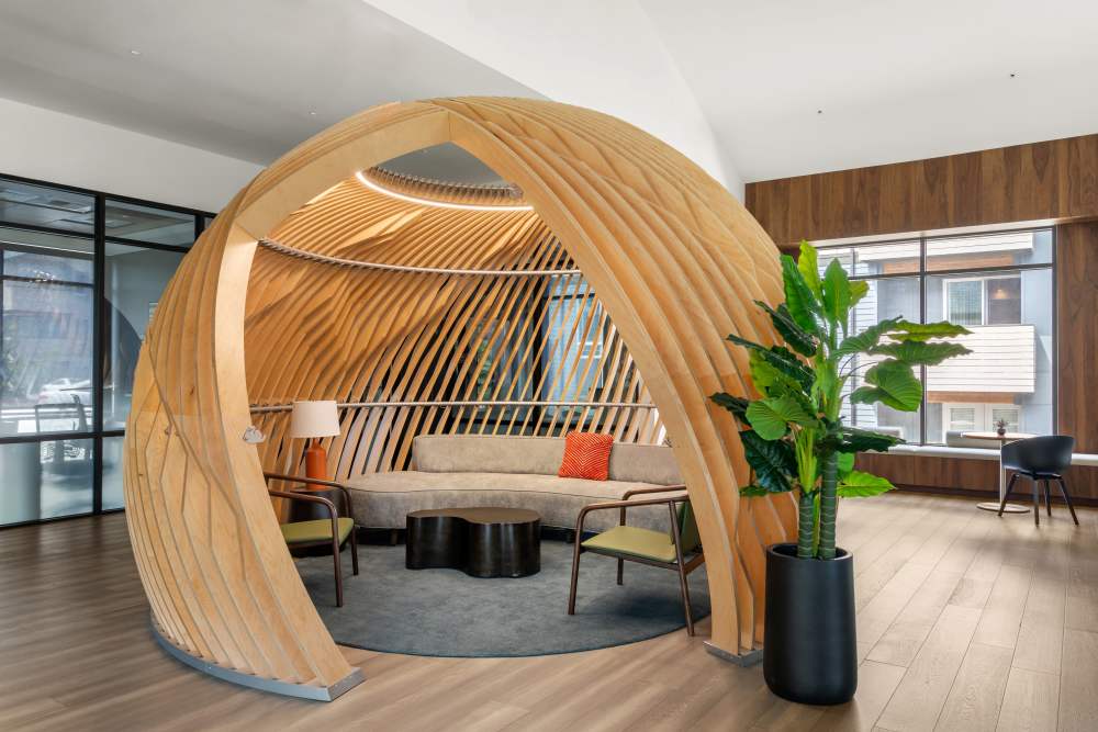 Club room with a sphere seating installation at 207 East in Edgewood, Washington