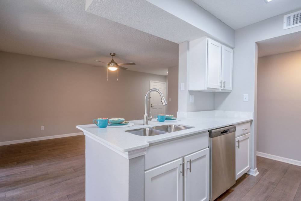 Kitchen with sink and ceiling fan in the living room at The Edge at Brandon in Brandon, Florida