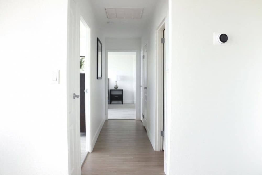 Hallway with access to different rooms at 1900 Ocean Apartment Homes in Long Beach, California