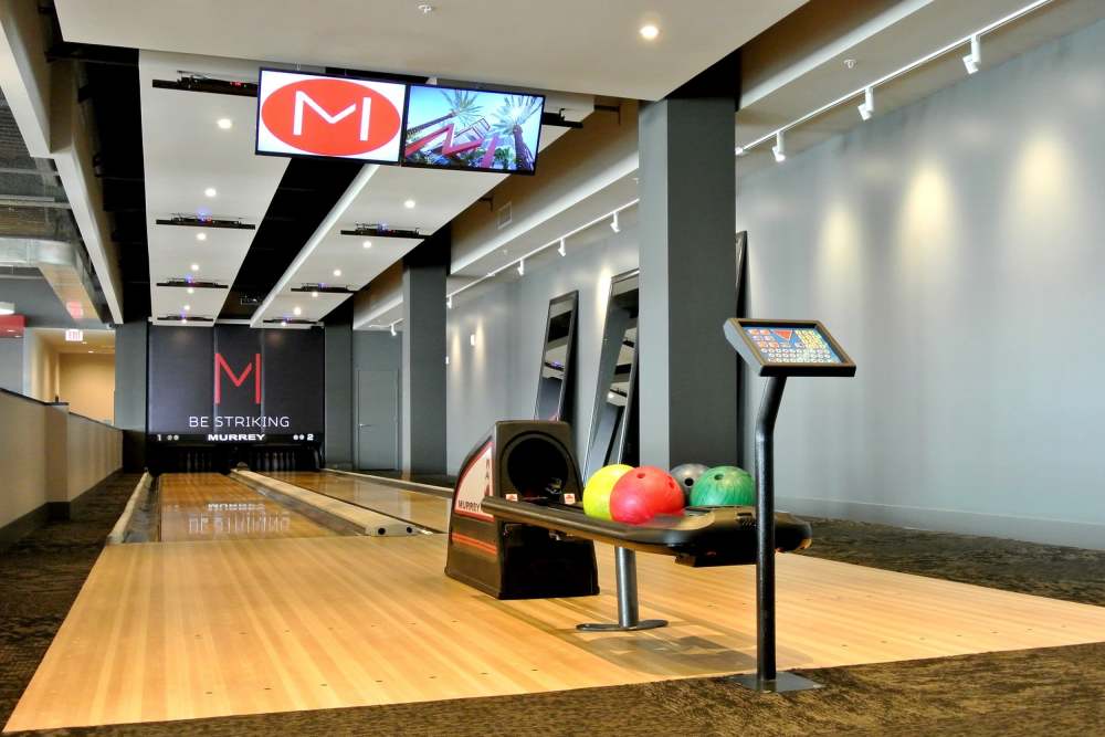 Bowling lanes at The Marke Apartment Homes in Santa Ana, California