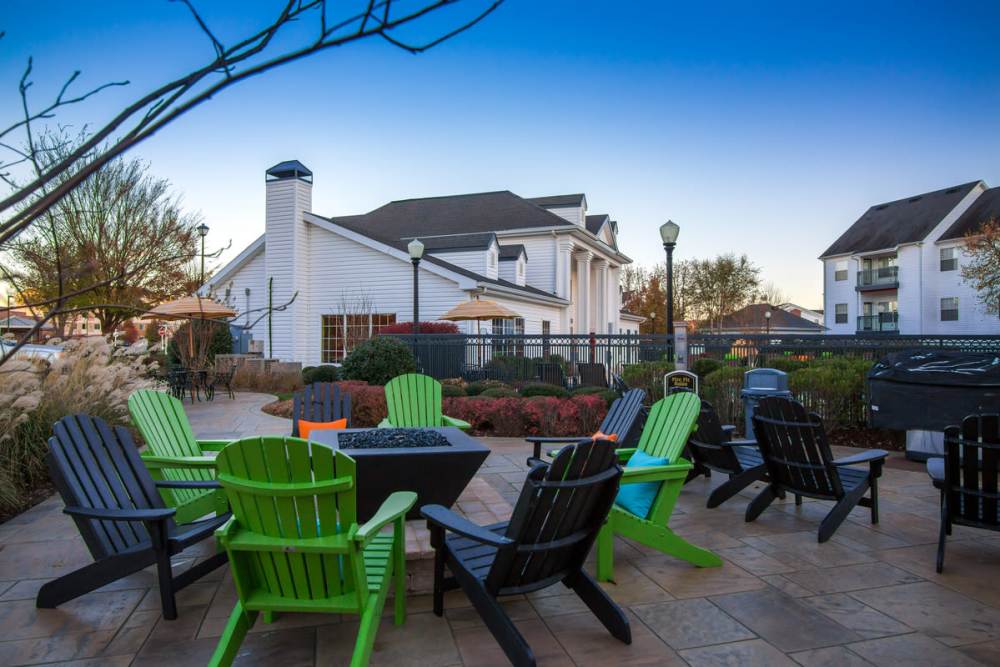 Outdoor seating around the firepit at The Landing at Fayetteville in Fayetteville, Arkansas