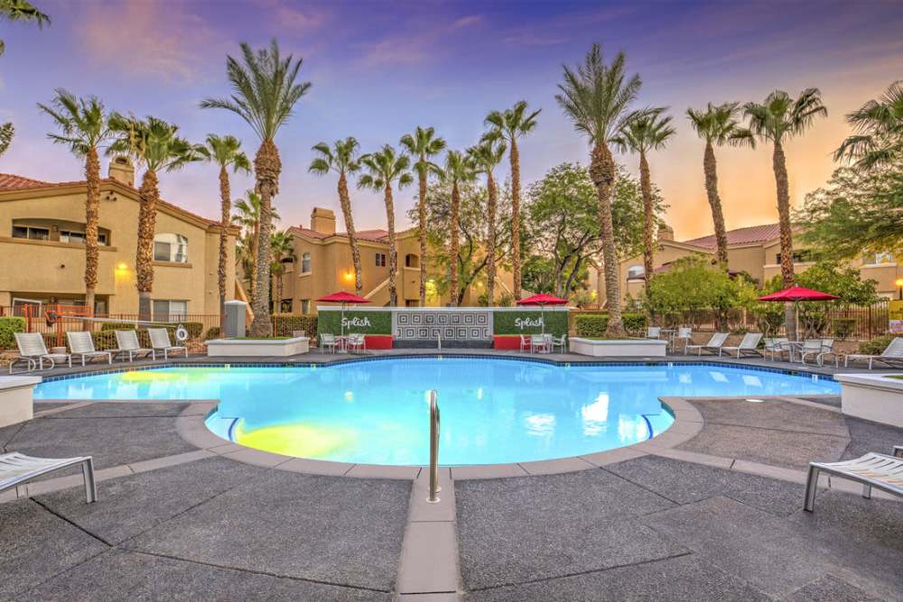 Wide angle view of the swimming pool at Calypso Apartments in Las Vegas, Nevada