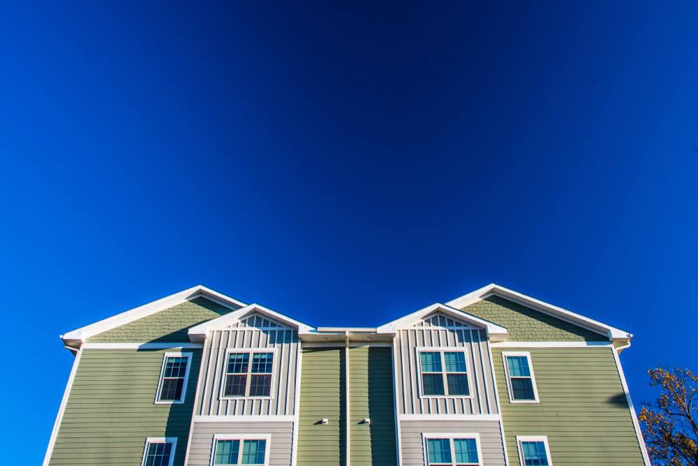 Looking up at the exterior of our apartment building at Retreat at Hunt Hill in Asheville, North Carolina