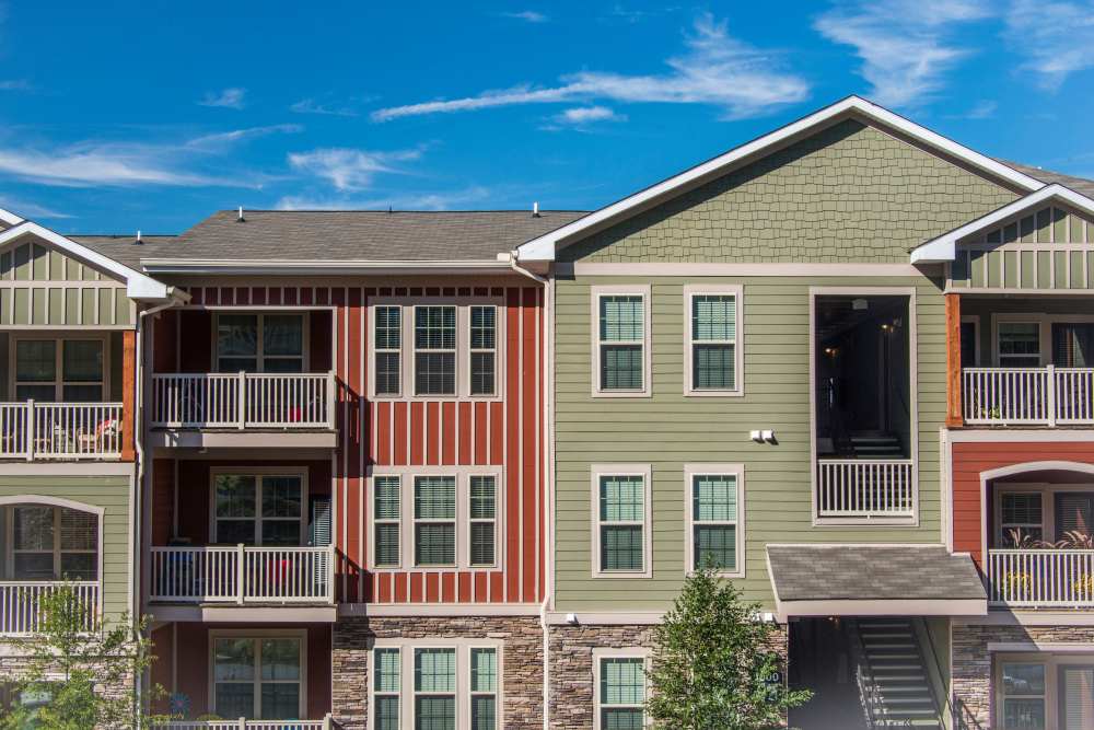 Multi-colored apartment buildings at Retreat at Hunt Hill in Asheville, North Carolina