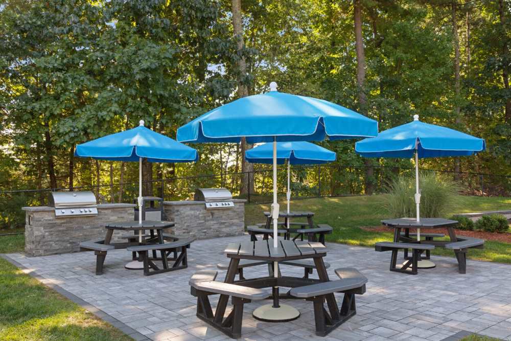 Barbequing stations at Highlands at Hudson in Hudson, Massachusetts