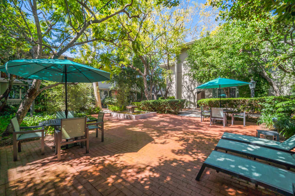 Mature trees providing partial shade at the fountain courtyard at Sunset Barrington Gardens in Los Angeles, California