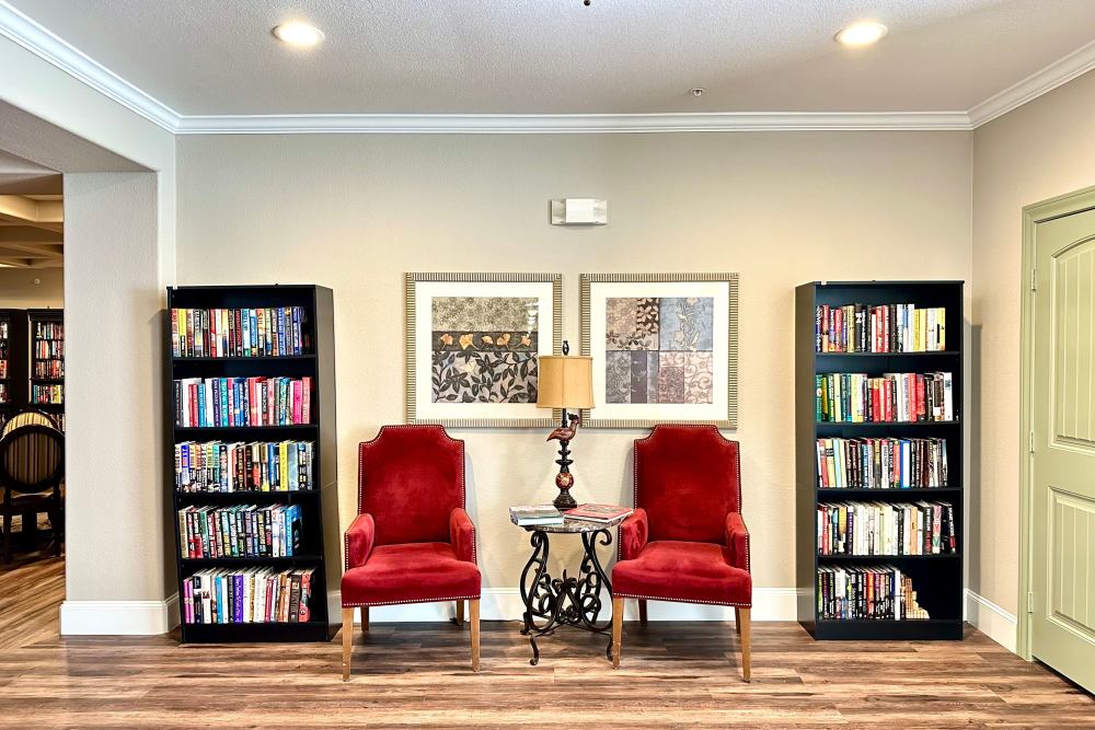 Cozy reading corner with inviting armchairs nestled between bookshelves filled with a collection of books