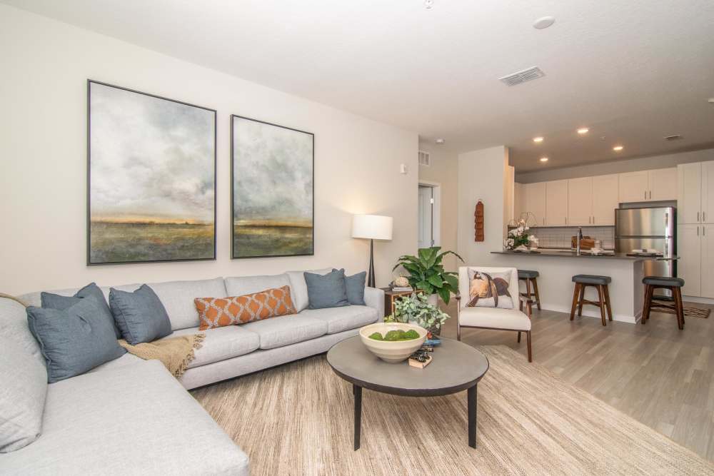 Spacious living room with couch at Shadetree Apartments in Ruskin, Florida