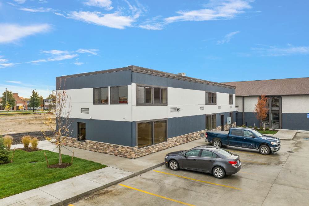 Exterior and parking lot of The Block at Sterling Heights in Sterling Heights, Michigan