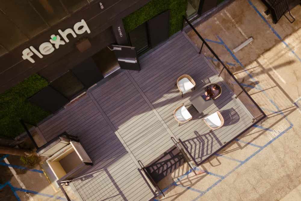 Looking down from above at the Flexhq outdoor patio.