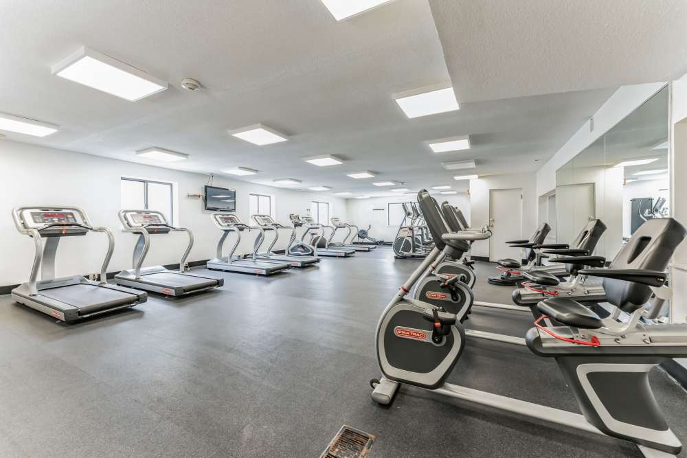 Large fitness center at Eagle Rock Apartments at MetroWest in Framingham, Massachusetts