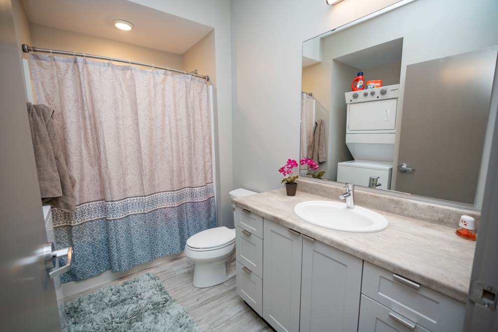 Modern bathroom with a shower curtain and toilet at Diamond Place I in Grand Rapids, Michigan