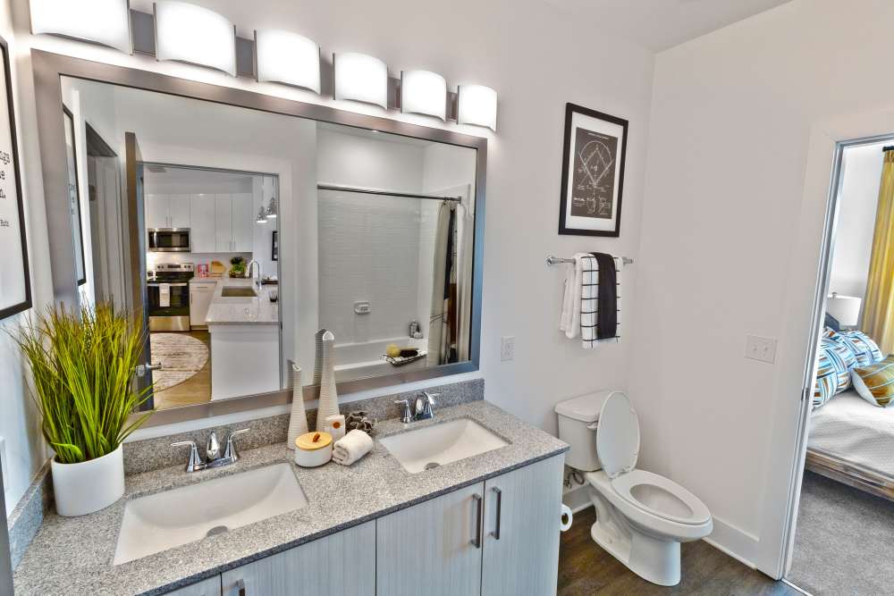  Bathroom with a large counter at Fieldhouse Apartments in Lawrenceville, Georgia