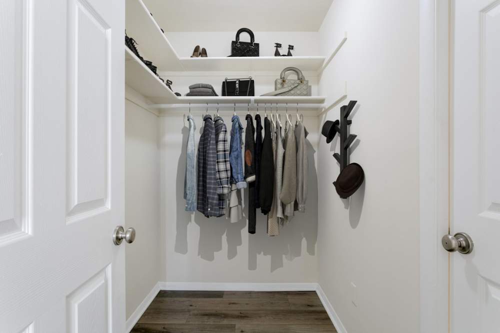 Walk-in closet in a model apartment at The Towers on Franklin in Richmond, Virginia