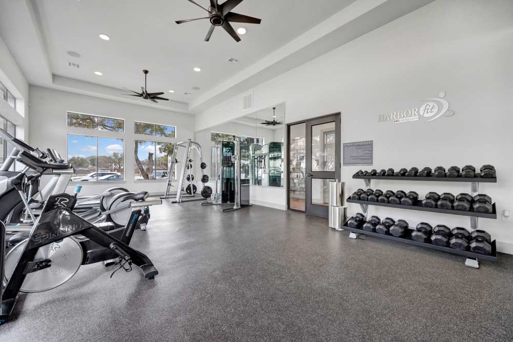 Fully-equipped gym at Linden at The Rim in San Antonio, Texas