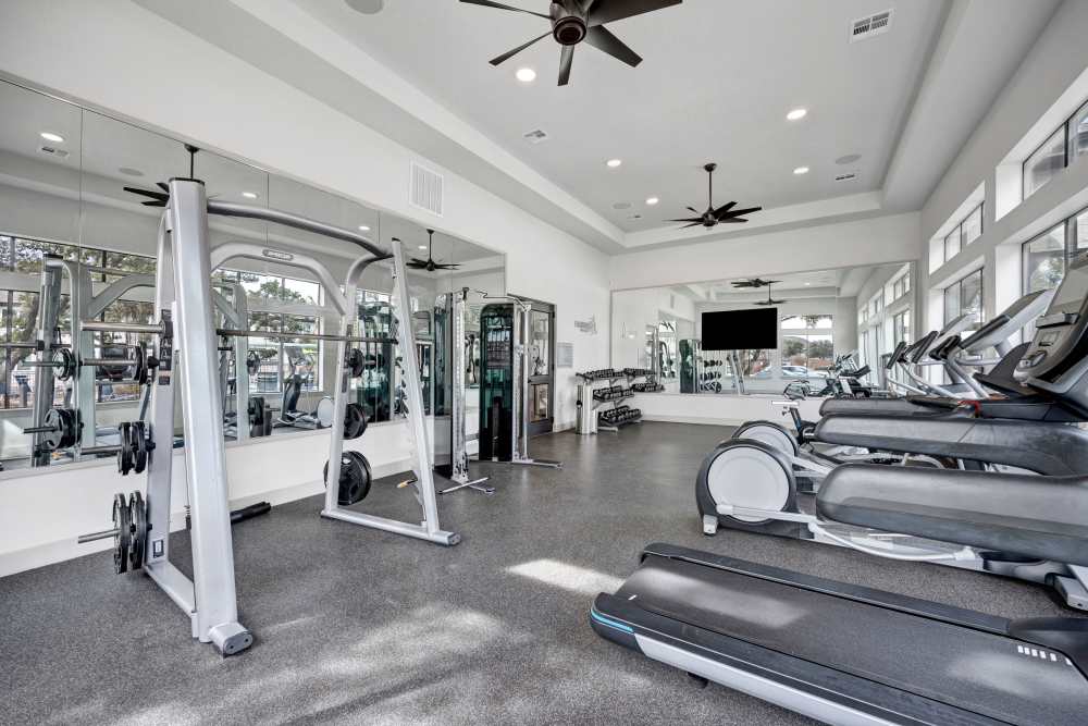 A wide fitness center at Linden at The Rim in San Antonio, Texas