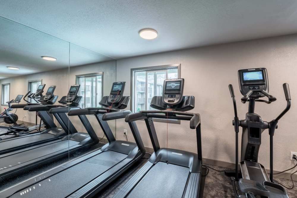 Fitness center with various cardio equipment at Terra Apartment Homes in Federal Way, Washington
