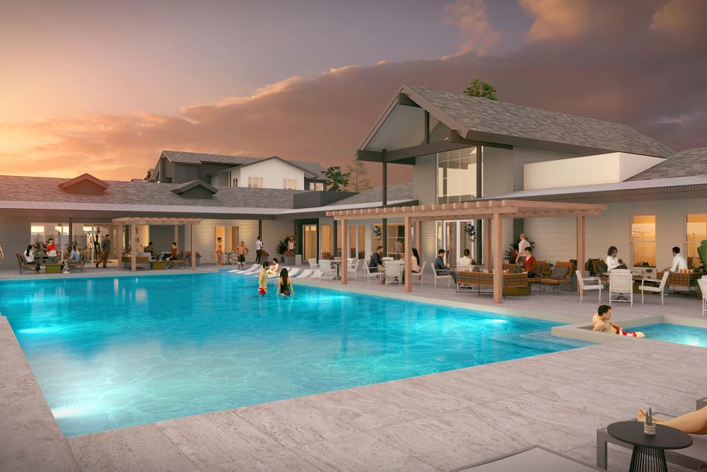 Rendering of the swimming pool at dusk at The Kallan in Verdi, Nevada