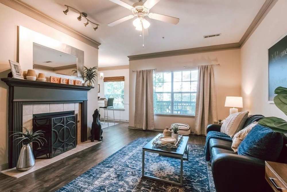 Apartment living room with large area rug at The Landing at Fayetteville in Fayetteville, Arkansas