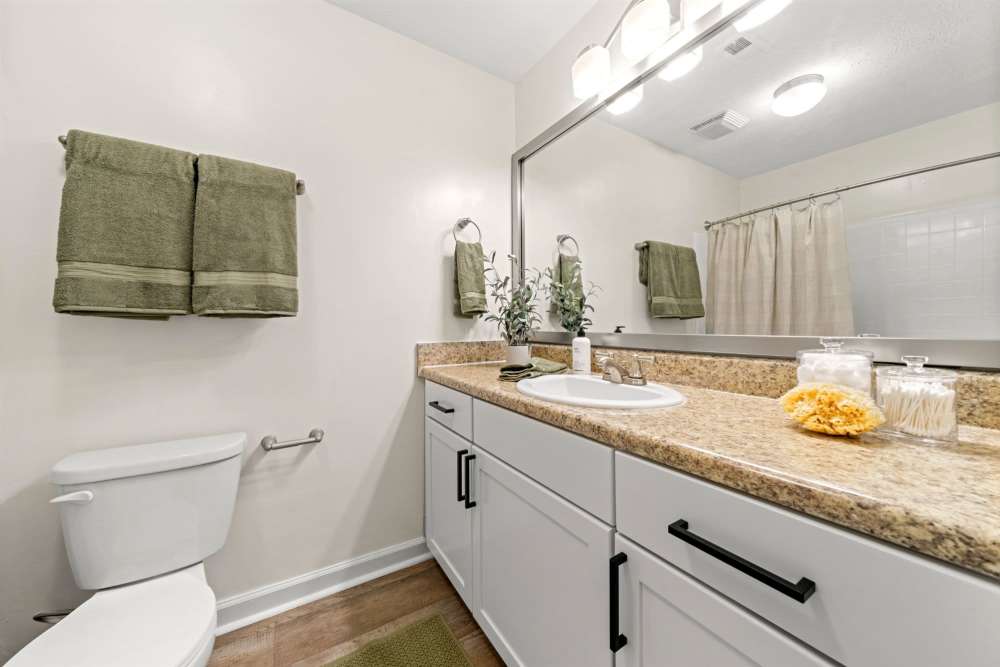 Bathroom with nice counters at The Laurel Apartments in Spartanburg, South Carolina