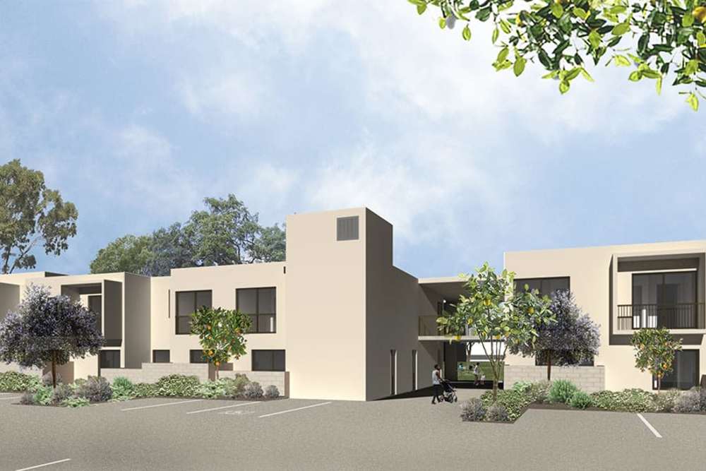 Rendering of the building from the parking lot at St. Michael's Apartments in Riverside, California