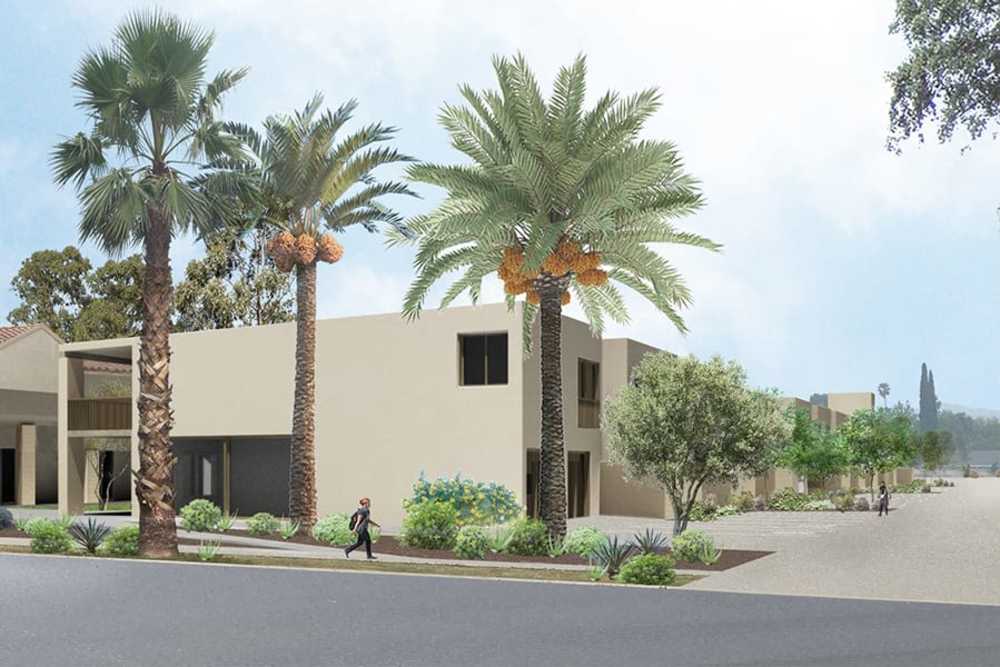 Palm trees outside of St. Michael's Apartments in Riverside, California