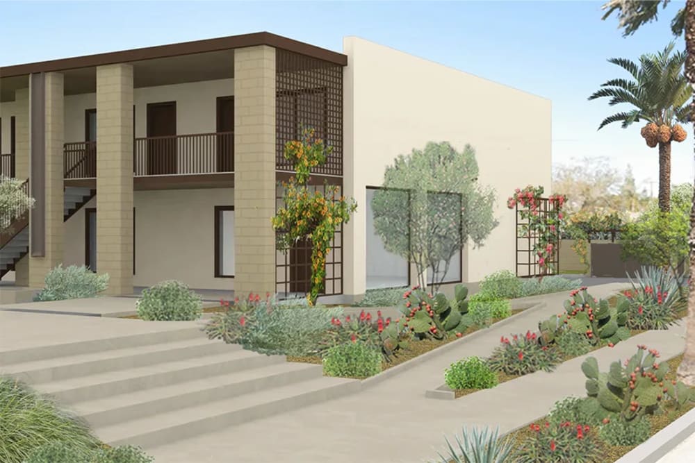 Rendering of the landscaping outside of St. Michael's Apartments in Riverside, California